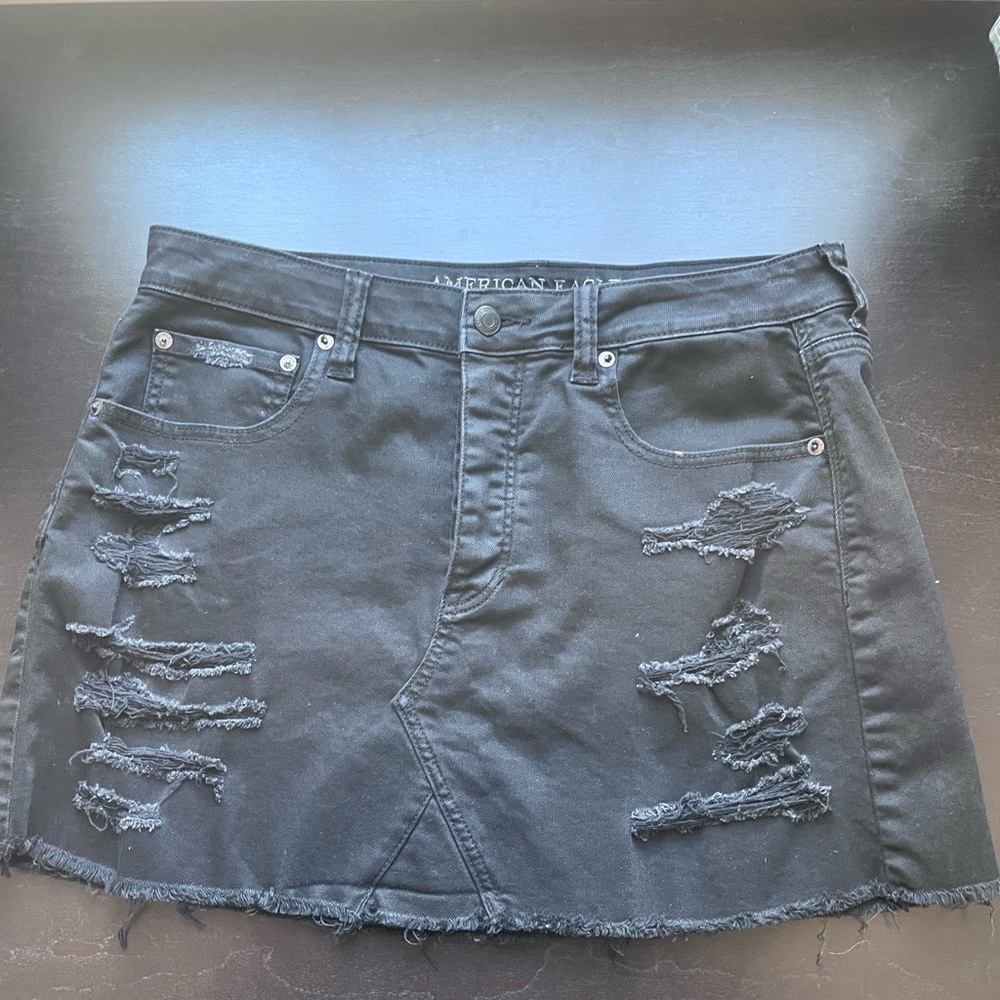 American Eagle Outfitters Black Distressed Denim Skirt with Button fly